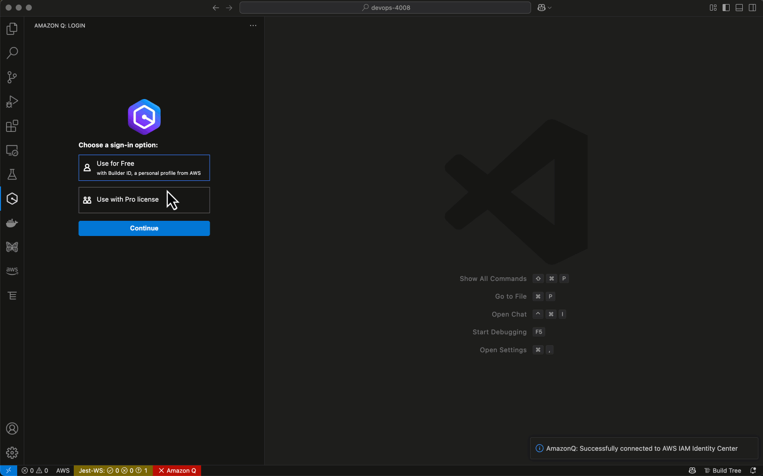 Screenshot of IDE interface showing the Amazon Q Developer customizations panel. When authenticated through the AWS IAM Identity Center Instance, Blue developers can see only Charlie customizations.