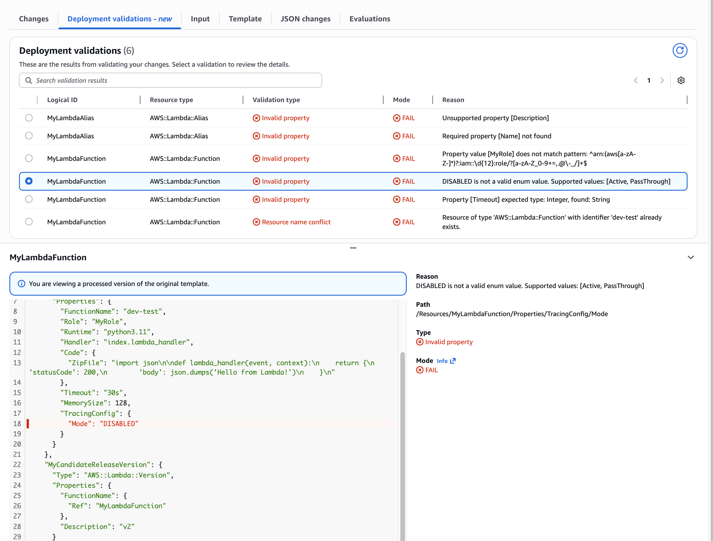 Figure 4: CloudFormation Validation of Invalid ENUM value for nested property