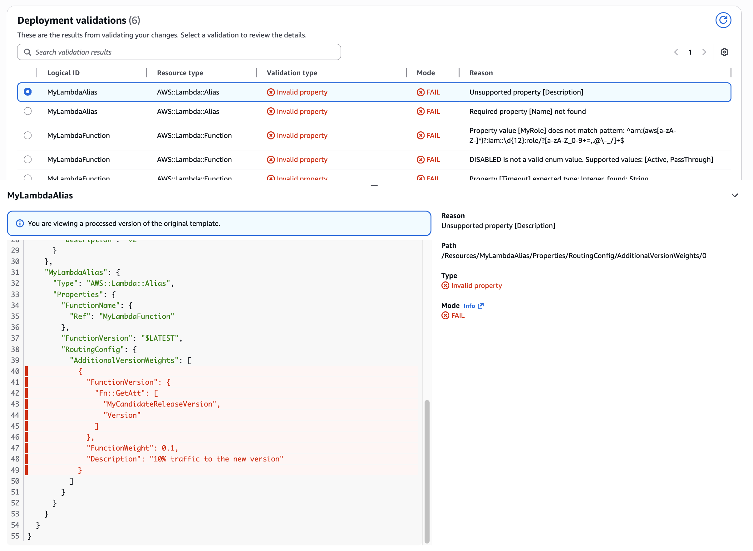 Figure 8: CloudFormation validation of unsupported resource property