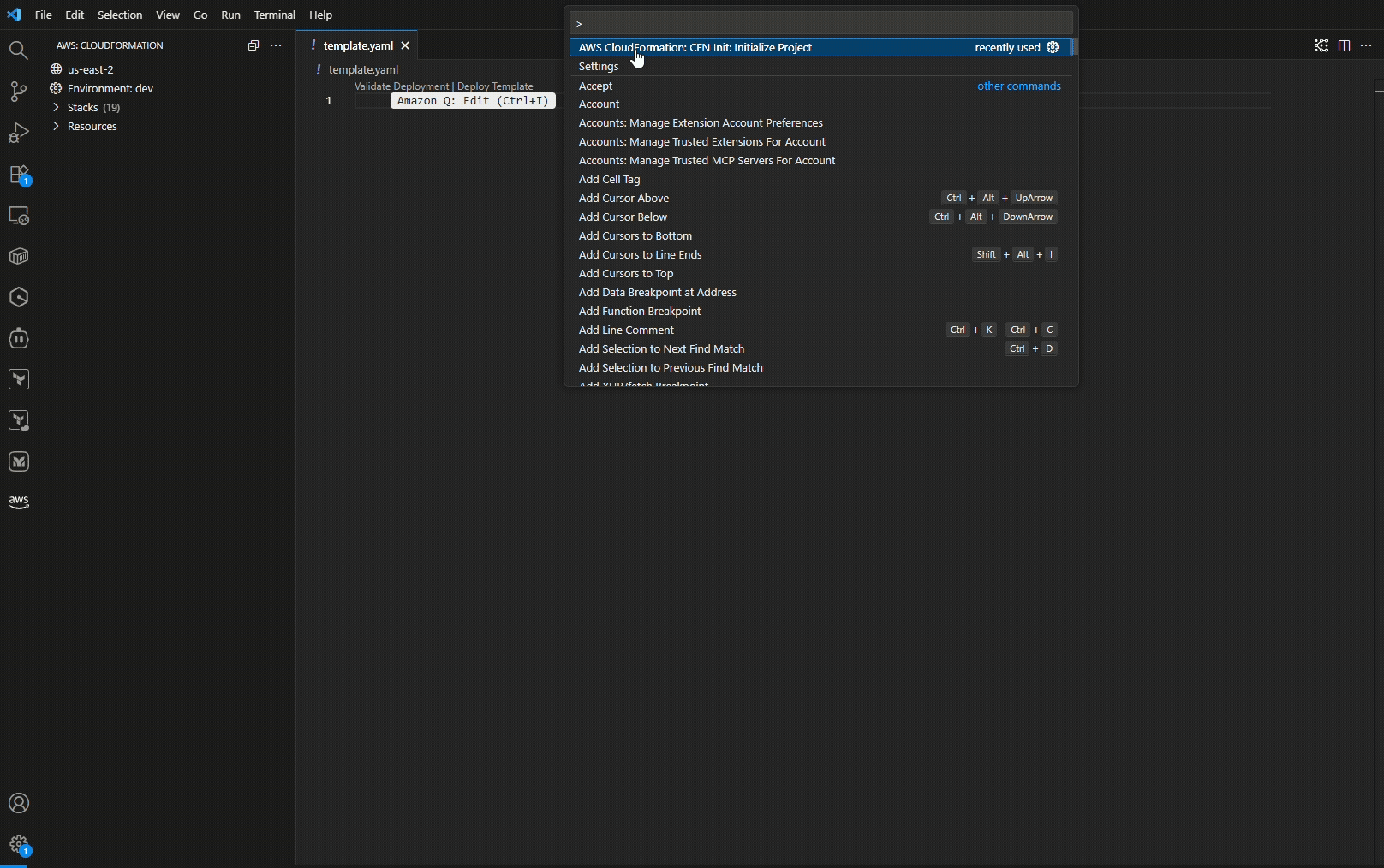 This gif shows the user setting up a CloudFormation project with environment configuration