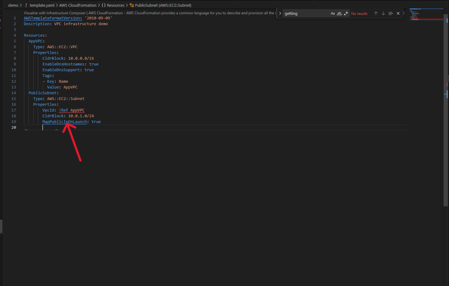 CloudFormation Guard warning highlighted in real-time