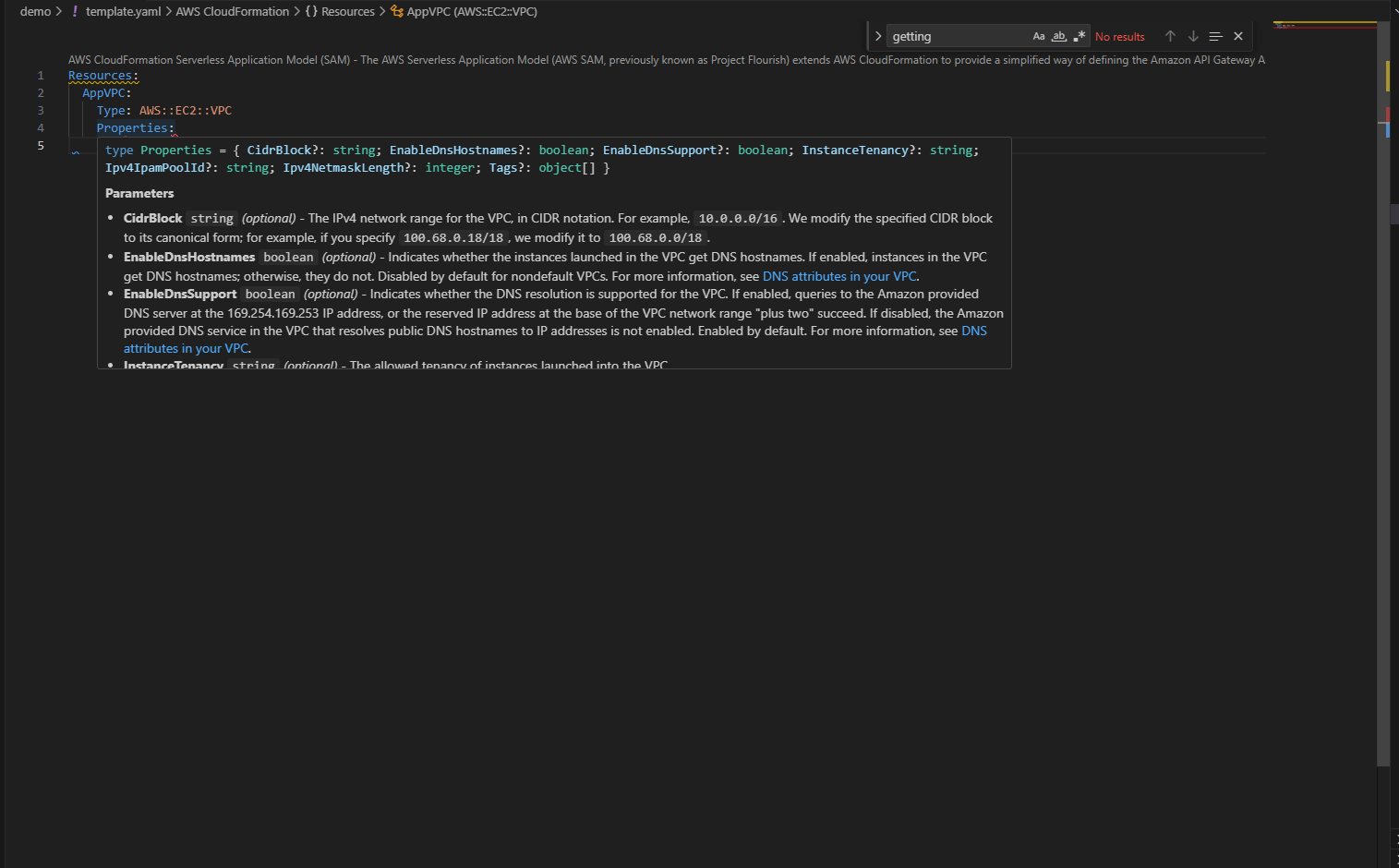 Hover information displaying optional properties and their documentation