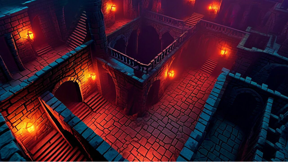 Atmospheric 3D render of a medieval dungeon or castle interior with dramatic red and orange lighting from wall-mounted torches, featuring stone archways, staircases, cobblestone floors, and blue accent lighting creating a moody gaming environment.