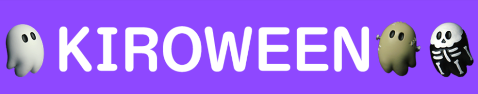 Purple banner with "KIROWEEN" text in white, flanked by three ghost characters including the Kiro ghost mascot, a mummy ghost, and a skeleton ghost, creating aHalloween-themed branding element.