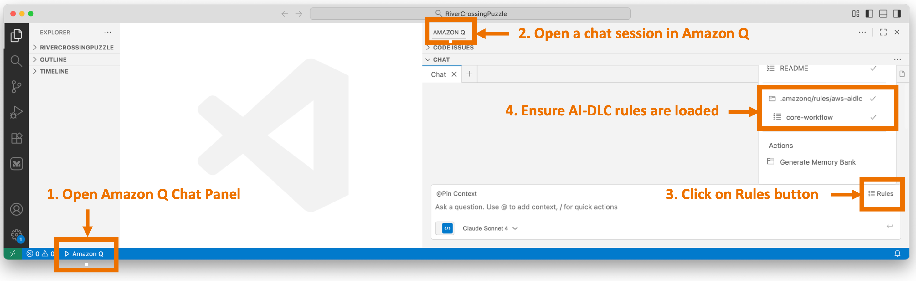 Screenshot showing four steps to access AI-DLC rules in Amazon Q: Step 1 shows opening Amazon Q Chat Panel from the left sidebar; Step 2 shows opening a chat session in Amazon Q at the top; Step 3 shows clicking on the Rules button in the chat interface; Step 4 shows ensuring AI-DLC rules are loaded in the rules panel on the right side of the screen.
