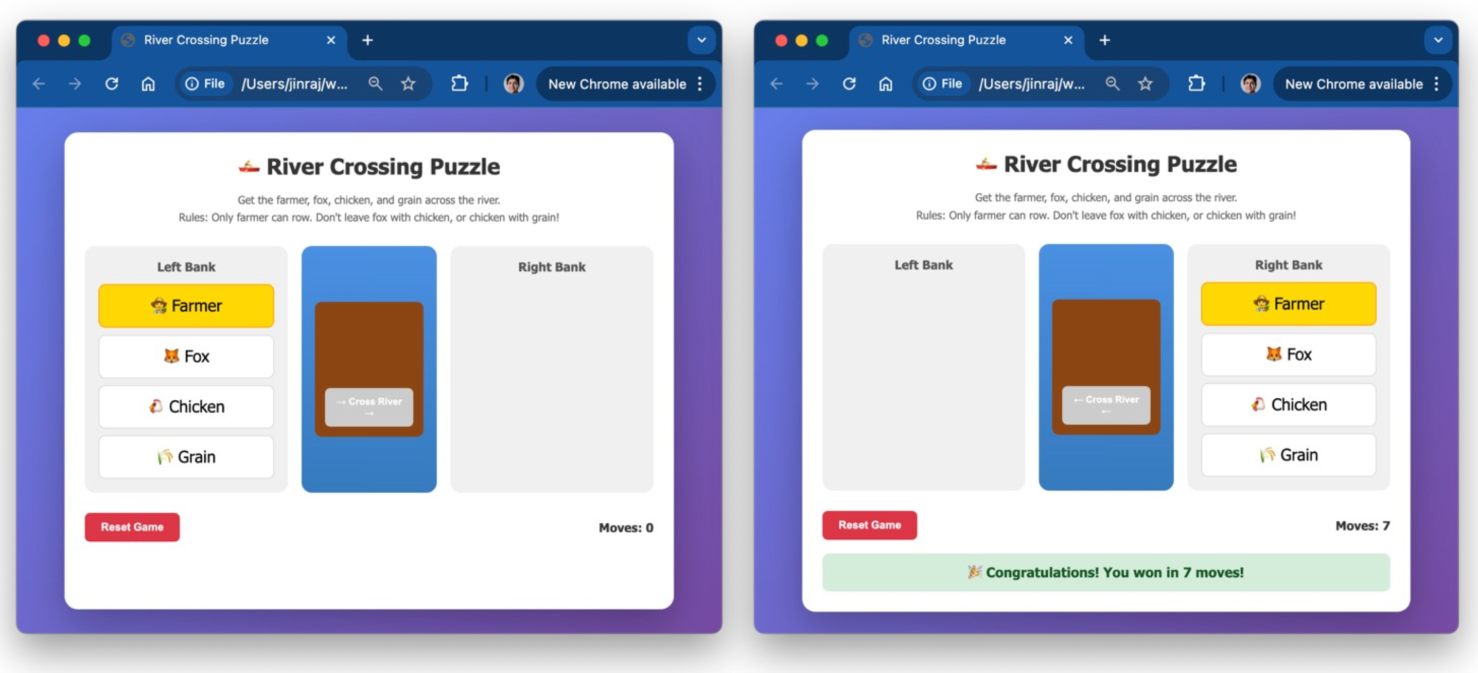 Side-by-side screenshots of the River Crossing Puzzle web application showing two game states. The left screenshot shows the initial state with a farmer on the left bank, and fox, chicken, and grain items listed below, with a blue river in the center and right bank on the right. The right screenshot shows a game state after moves with the farmer on the right bank and a success message 'Congratulations! You won in 7 moves!' displayed at the bottom. Both screens have a yellow 'Start Over' button and show move counts.