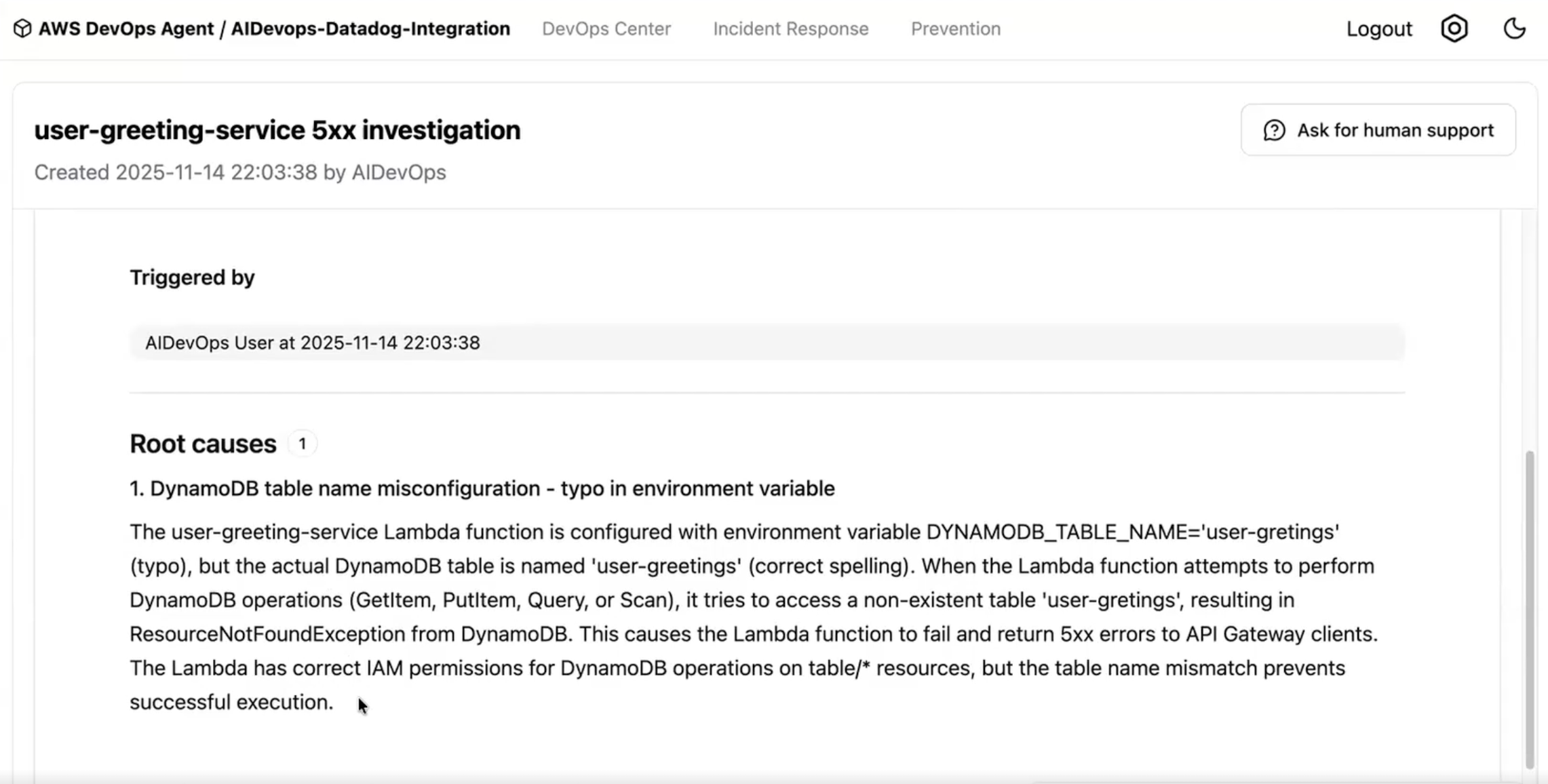 This view show the investigation summary produced by AWS DevOps Agent. Here, we see the root cause for this sample incident. The root cause head line states that "1. DynamoDB table name misconfiguration - typo in environment variable". There is a longer description explaining this under it. The background for this view is plain white. 