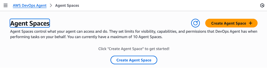 Screen shot displaying orange Create Agent Space button in the AWS Console