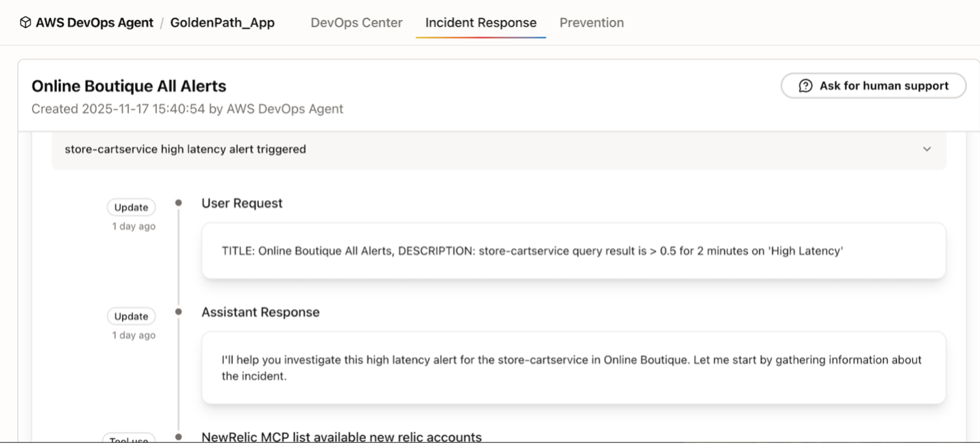 Screen shot displaying AWS DevOps Agent / GoldenPath_App in the title bar with Incident Response tab selected. Below that a heading is displayed for Online Boutique All Alerts followed by a timeline displaying User Request then Assistant Response