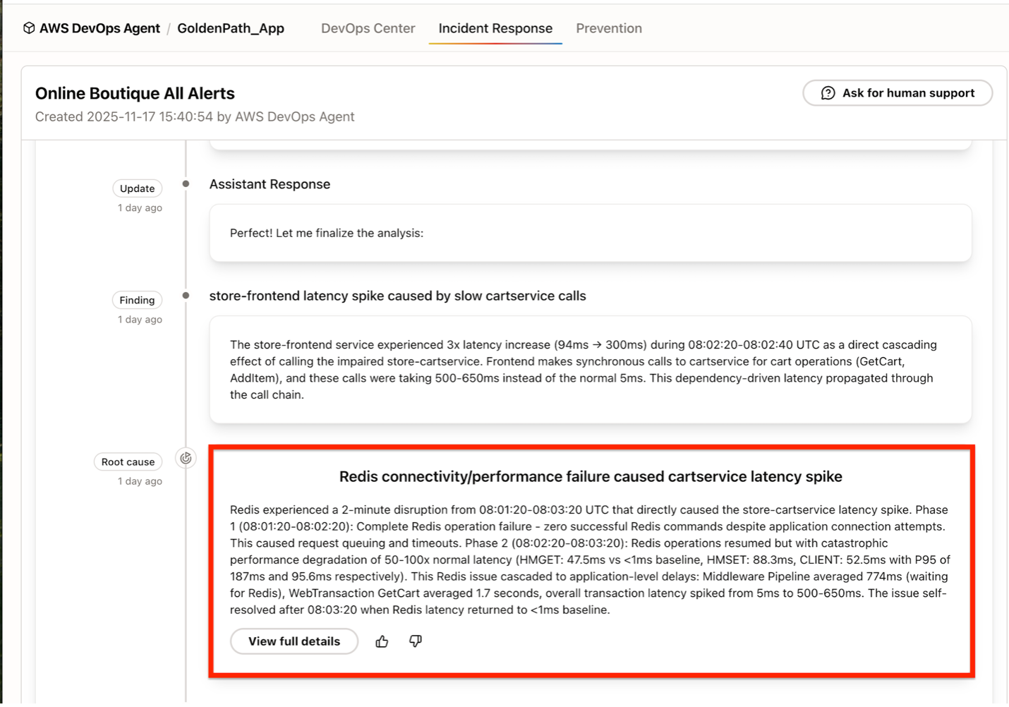 Screen shot displaying AWS DevOps Agent / GoldenPath_App in the title bar with Incident Response tab selected. Below that a heading is displayed for Online Boutique All Alerts followed by a timeline displaying Update, Finding, and then Root cause. Root cause has a red box outlining it to draw attention.
