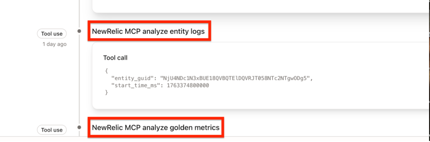 Time line screen similar to the previous screen shot with a red box around the timeline entries for NewRelic MCP analyze entity logs and NewRelic MCP analyze golden metrics