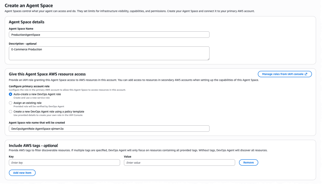 The Create an Agent Space setup wizard in the AWS Management Console showing Agent Space Details.