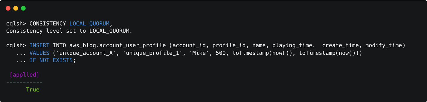 Figure 4: Terminal window showing the output of a LWT inserting a new row
