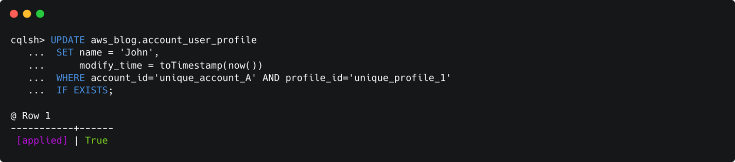 Figure 6: Terminal window showing the output of successful update of an existing row using LWT