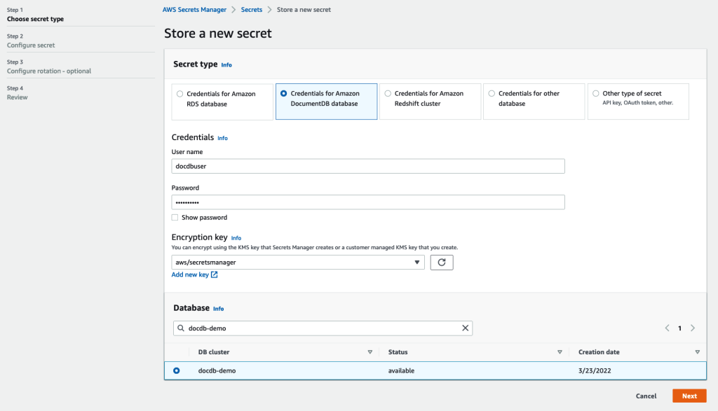 AWS Secrets Manager - Choose secret