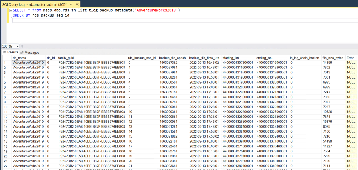 Figure 6: Transaction log backup metadata