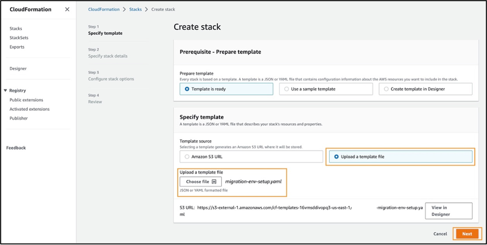 Upload the downloaded CloudFormation template