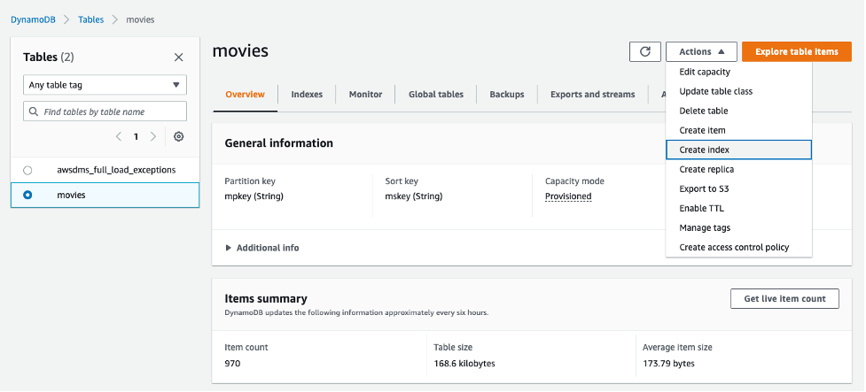 Figure 12: Create a global secondary index (GSI)