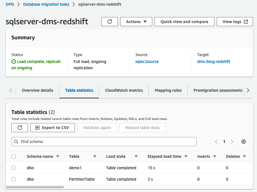 dms task table statistics