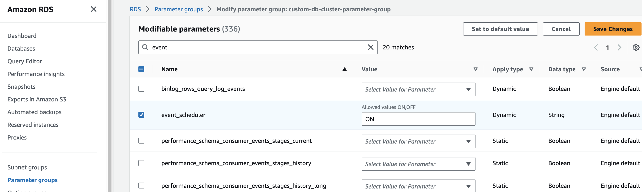 Edit Cluster parameter group