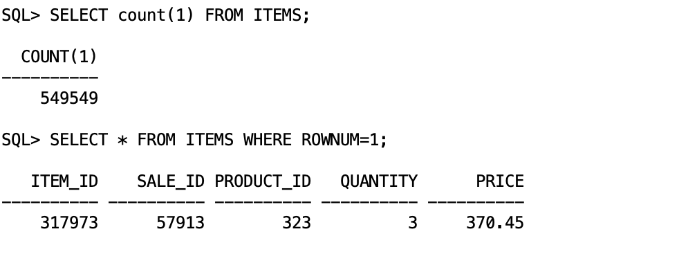 SQL queries showing row counts and sample data from ITEMS table