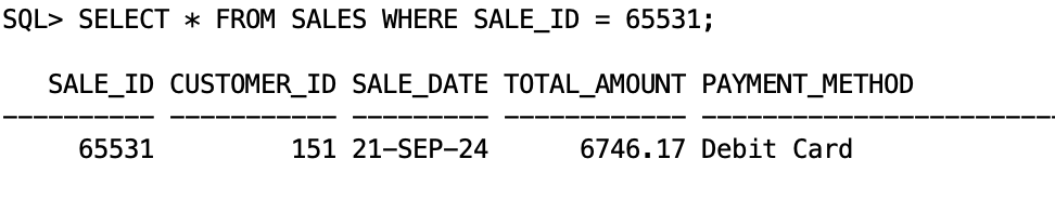 Source database SELECT query output displaying SALE_ID 65531 with transaction details