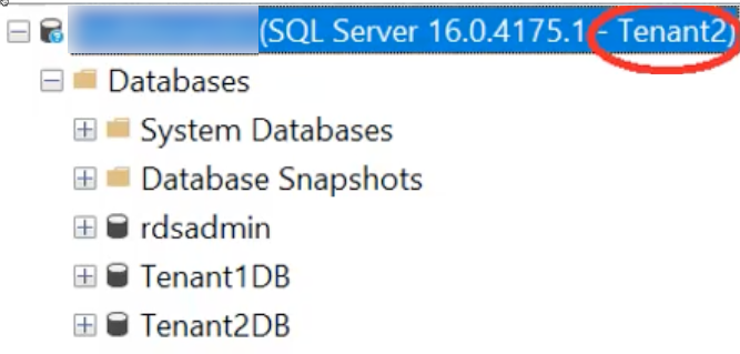 SQL Server Management Studio Object Explorer showing Tenant2 connection to version 16.0.4175.1 with multi-tenant databases including Tenant1DB and Tenant2DB