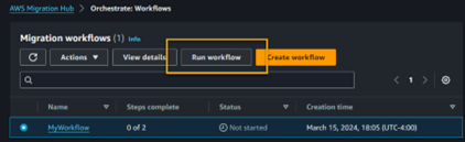 A screenshot to run the workflow for the Migration hub console.