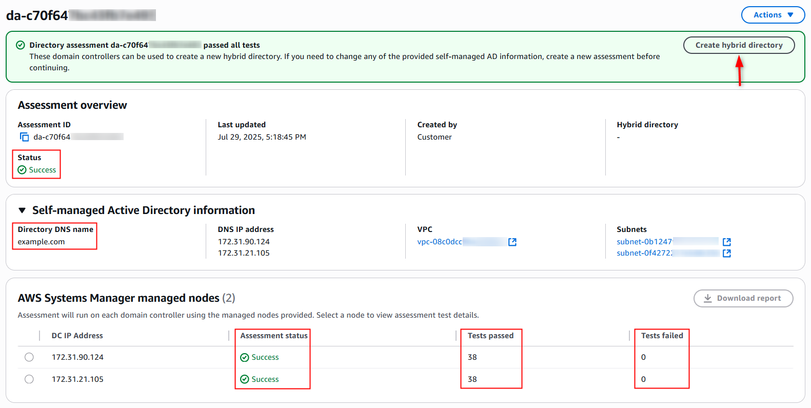 Figure 7 – AWS Managed Microsoft AD (Hybrid Edition) review assessment result.