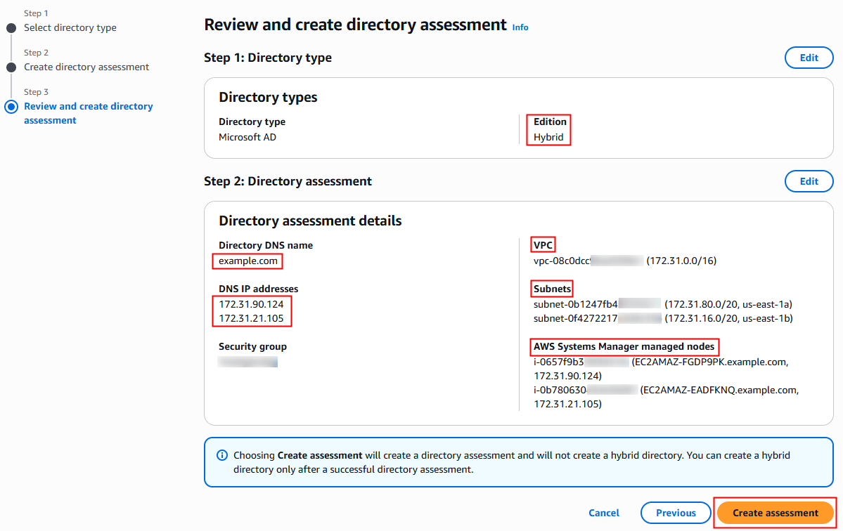 Figure 6 – AWS Managed Microsoft AD (Hybrid Edition) review assessment console page.