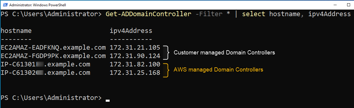 Figure 10 - Listing the domain controllers in AWS Managed Microsoft AD (Hybrid Edition)
