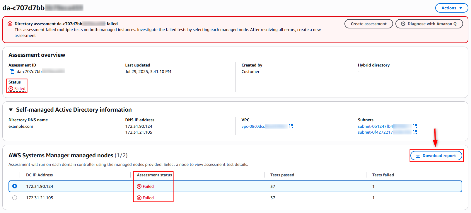 Figure 12 – Failed assessment status and report.