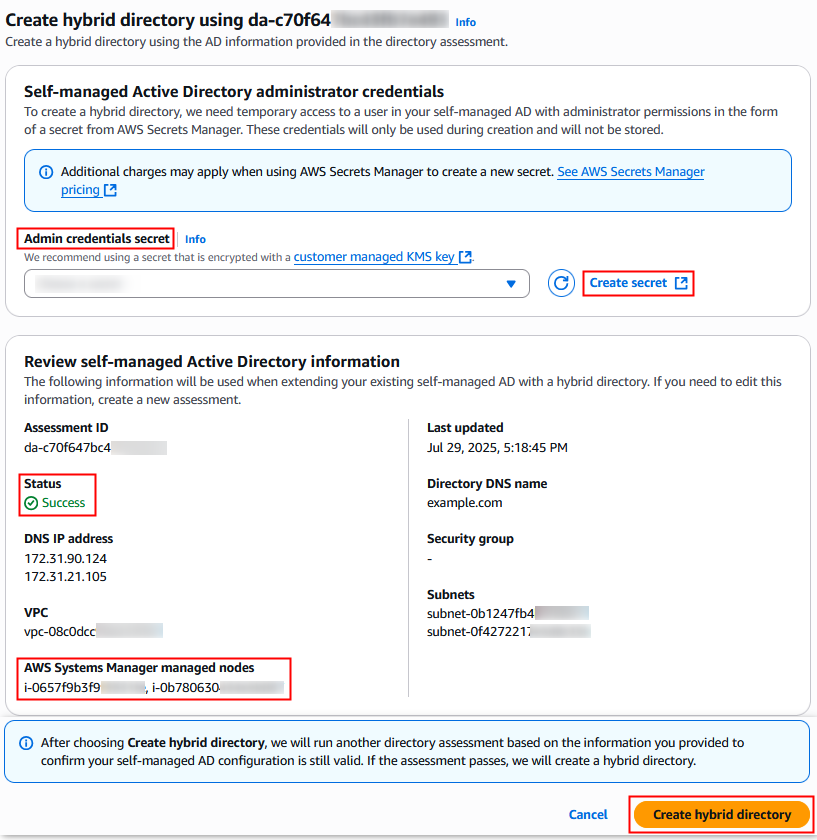 Figure 8 – AWS Managed Microsoft AD (Hybrid Edition) configuration console page