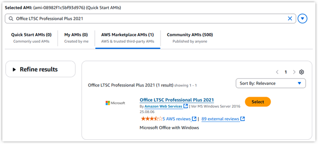 Screenshot of the AWS console showing the Marketplace AMI for Office LTSC Professional Plus 2021