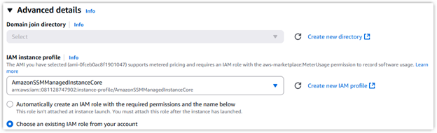 Screenshot of the AWS console during the EC2 configuration process. The IAM role is available in the drop down list.
