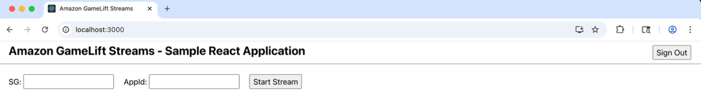 Input fields to provide GameLift Streams application and stream group IDs within sample solution frontend.