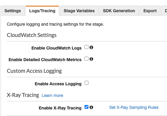 Logs and tracing setting on API Gateway.