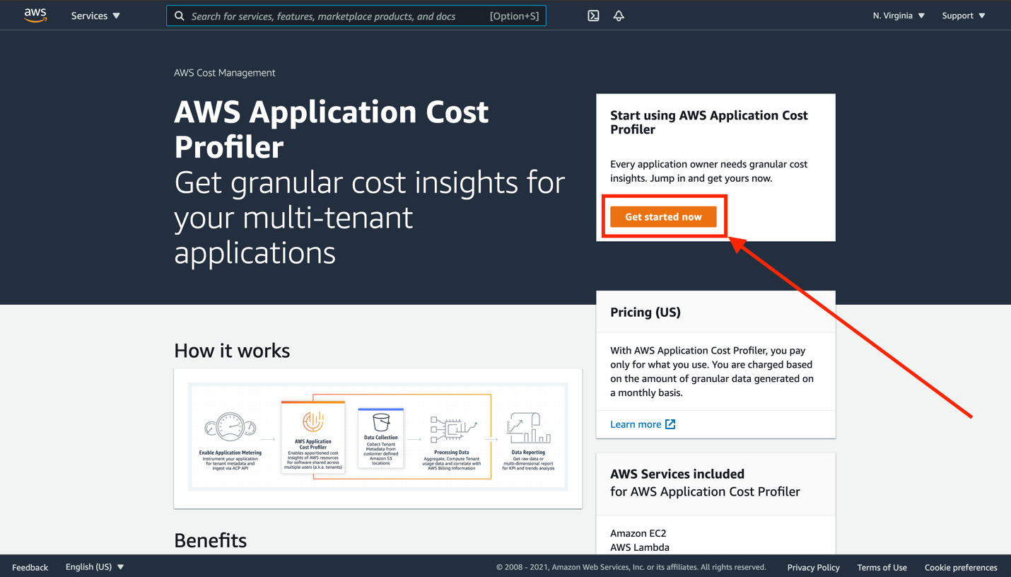 Screen shot of AWS Application Cost Profiler console with Get started now button highlighted