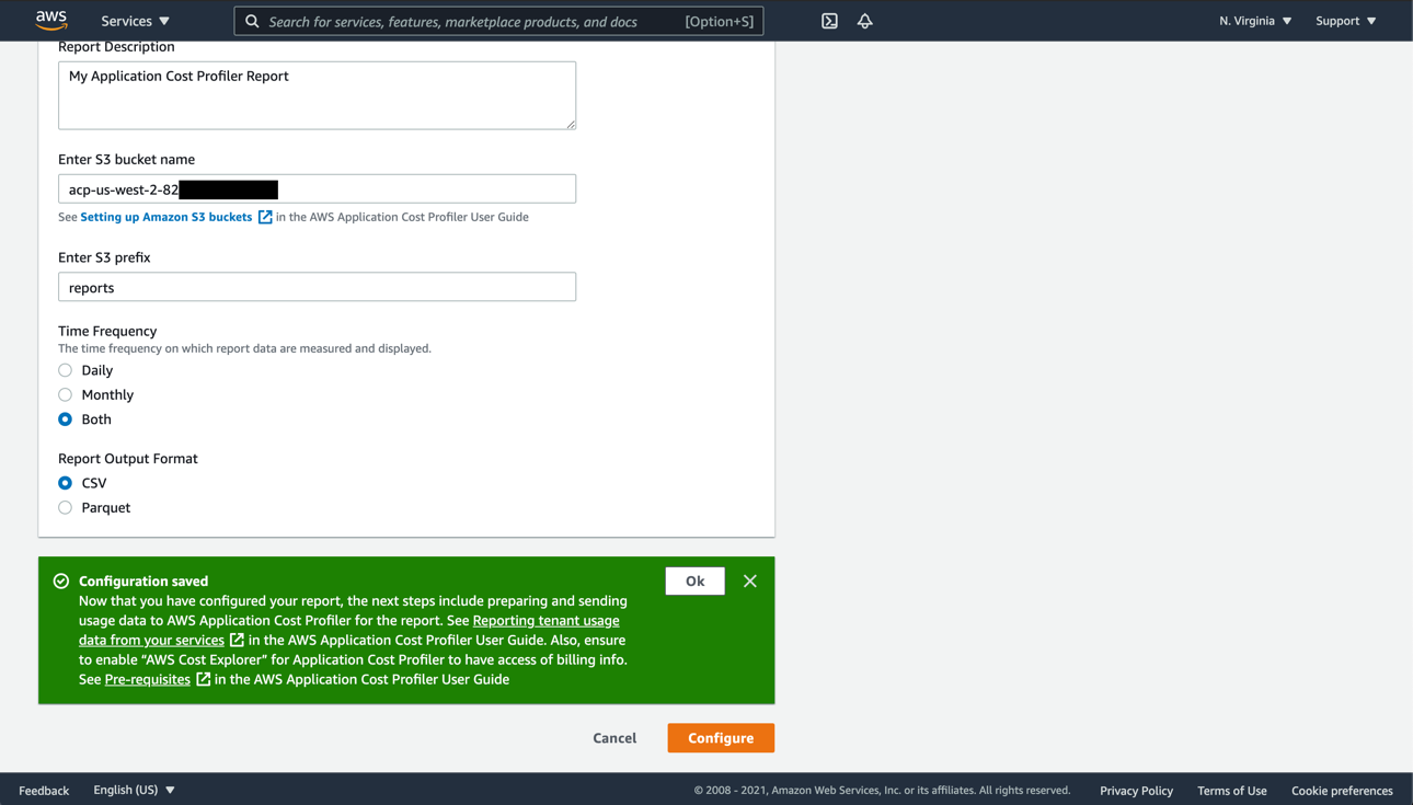 AWS Application Cost Profiler configuration screen shot showing successful save