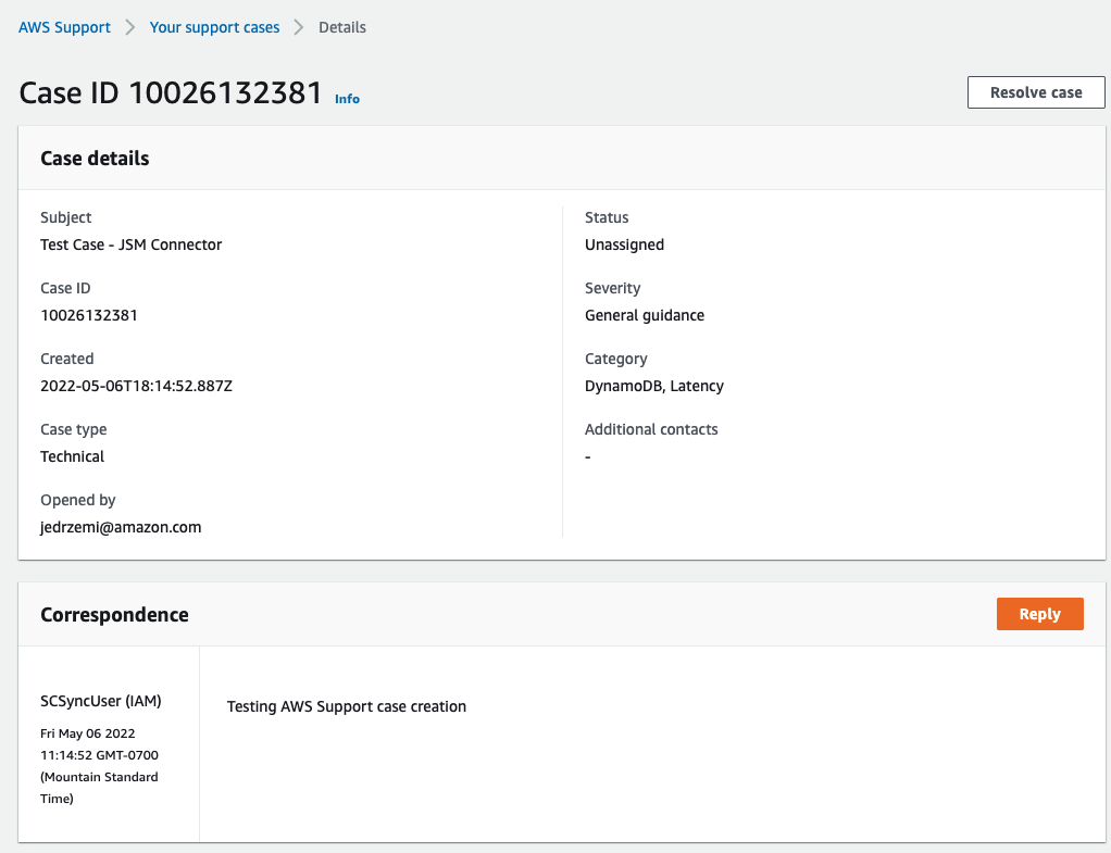 Figure 4. AWS Support case created with content of associated JSM incident.