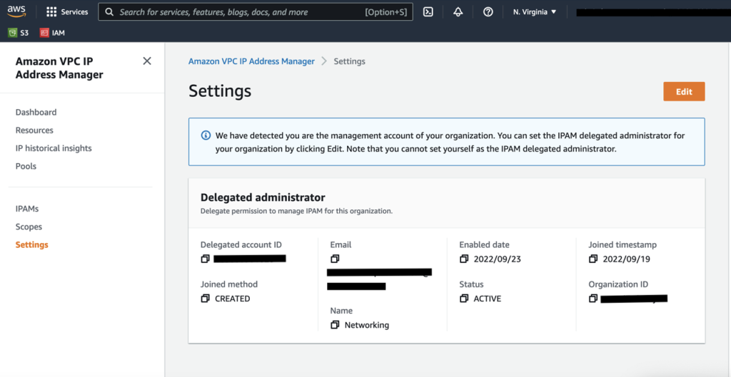 Figure 6. Verify that the Networking Account is delegated as the IPAM Administrator