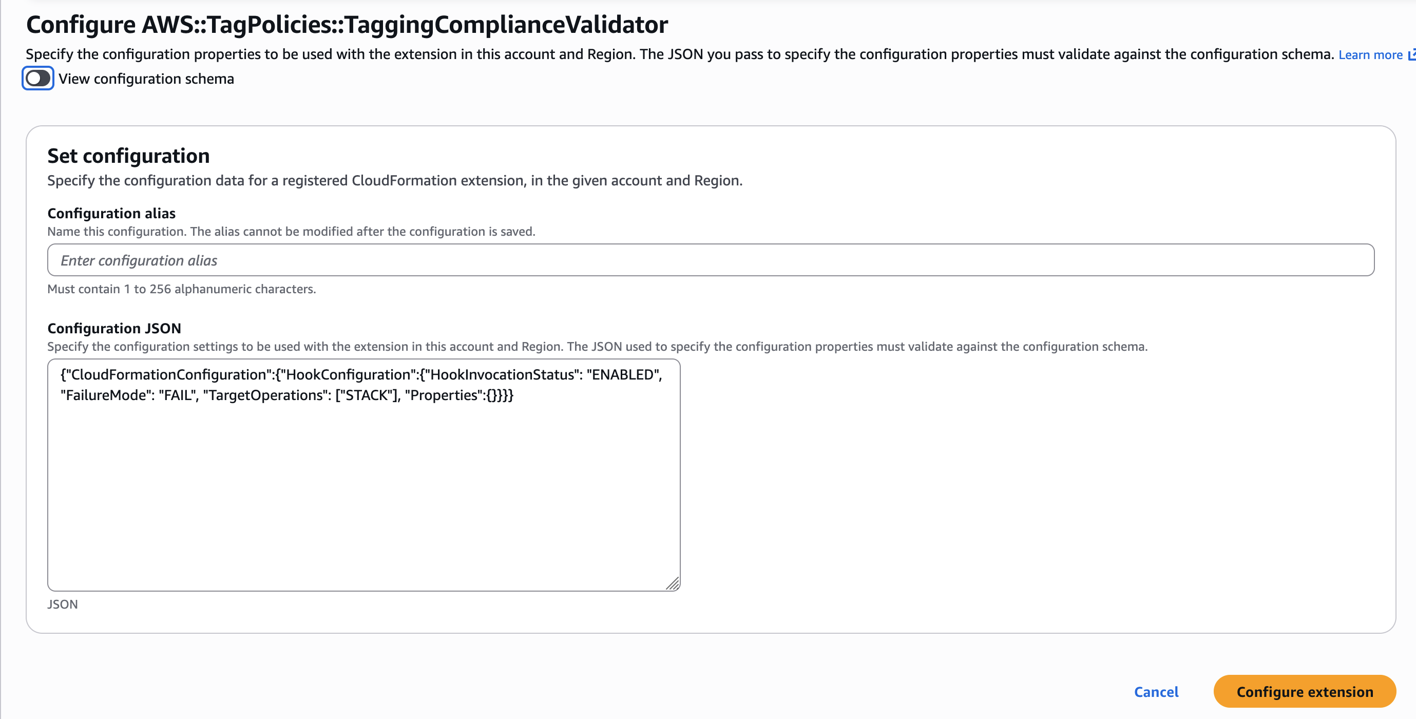 [Figure 6] Configuring AWS::TagPolicies::TaggingComplianceValidator Hook for WARN or FAIL mode