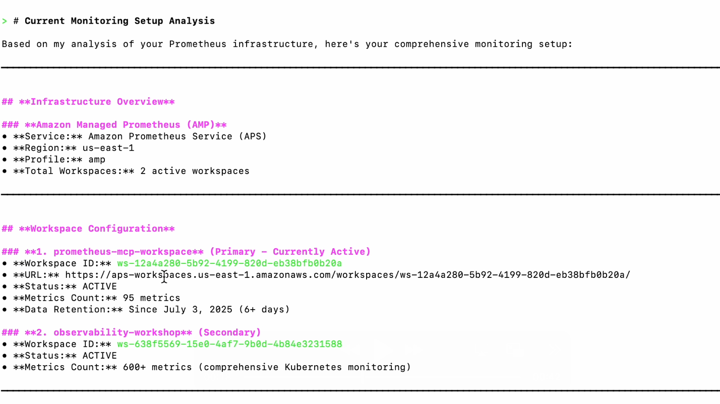 Figure 2: Output showing Prometheus workspace details with workspace ID ws-abc123, region us-east-1, and active status