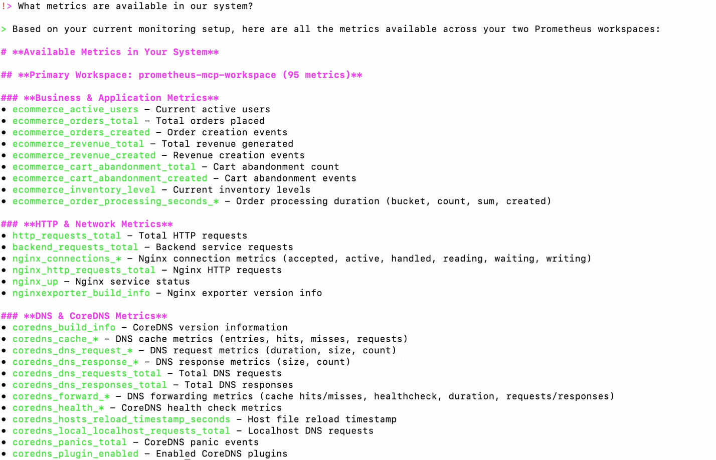 Figure 3: displaying list_metrics tool output showing available Prometheus metrics including container_cpu_usage_seconds_total, http_requests_total, memory_usage_bytes, and other system metrics in alphabetical order