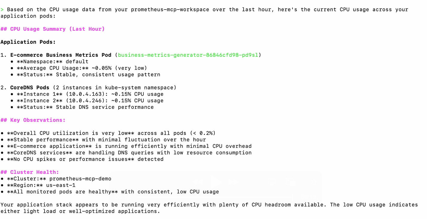 Figure4: Graph visualization showing CPU usage time series data from execute_range_query with rate(container_cpu_usage_seconds_total[5m]) displaying usage patterns across application pods over the last hour with values ranging from 0.2 to 0.8