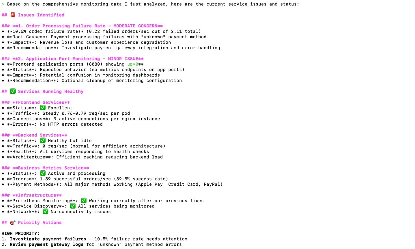 Figure 6: Multi-panel dashboard showing system health assessment with service status indicators, memory usage graphs, CPU utilization metrics, and alert status displaying overall infrastructure health