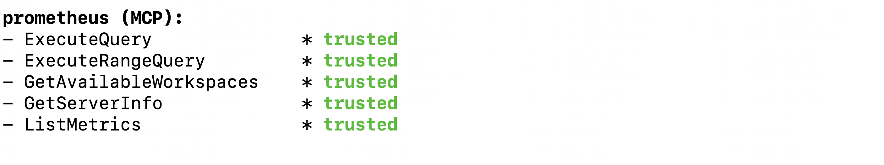 Figure 1: Screenshot showing Amazon Q Developer CLI displaying available MCP tools including GetAvailableWorkspaces, ExecuteQuery, ExecuteRangeQuery, ListMetrics, and GetServerInfo