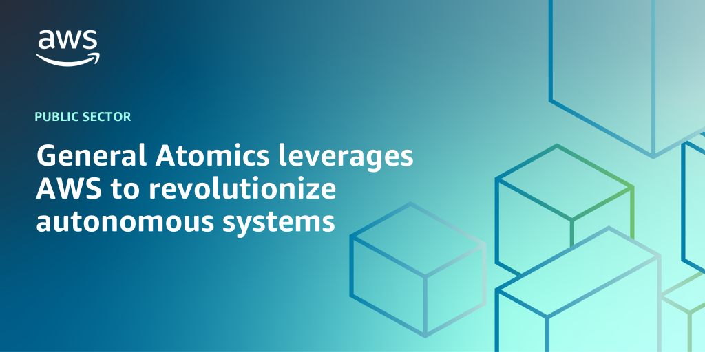 AWS branded background with text "General Atomics leverages AWS to revolutionize autonomous systems "