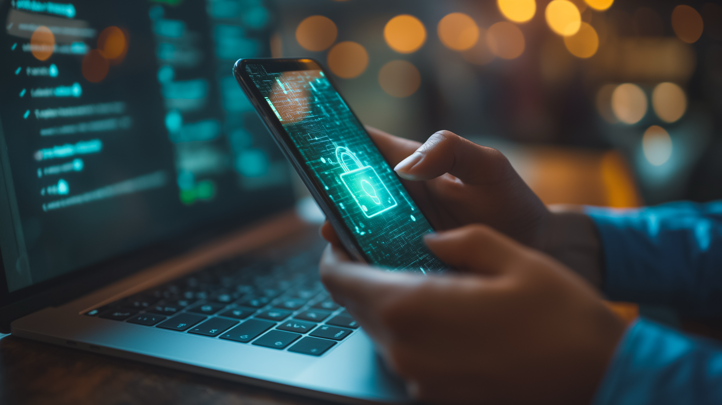A person is holding a cell phone and typing on a laptop. The laptop screen shows a green lock symbol. Concept of security and protection