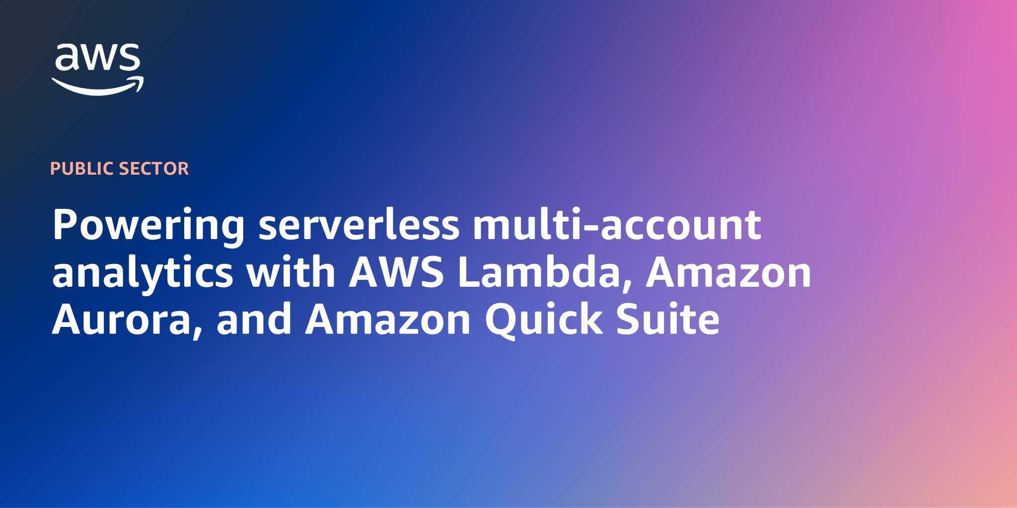 AWS branded background with text "Powering serverless multi-account analytics with AWS Lambda, Amazon Aurora, and Amazon Quick Suite"